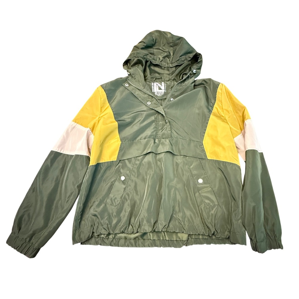 New Look Sport Womens Colorblock Windbreaker Jacket Green Yellow Hooded Large